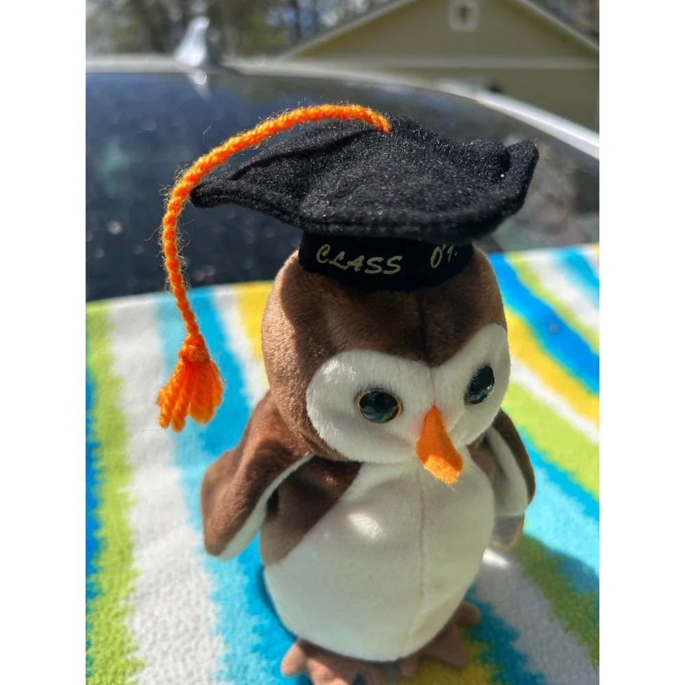 Ty Wise the Owl Beanie‎ Baby Plush 1998 Brown Graduation Cap Excellent Retired